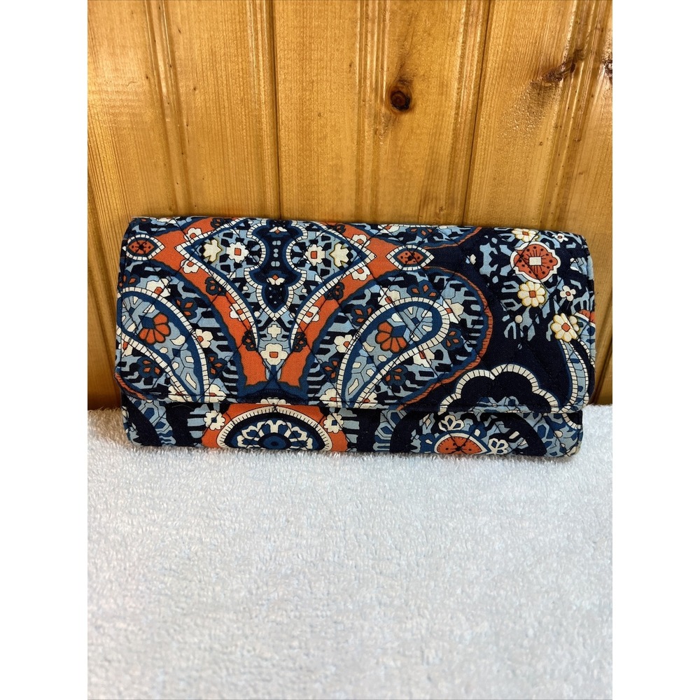 Vera Bradley Trifold Wallet Magnetic Closure Navy Light Blue And Orange Used